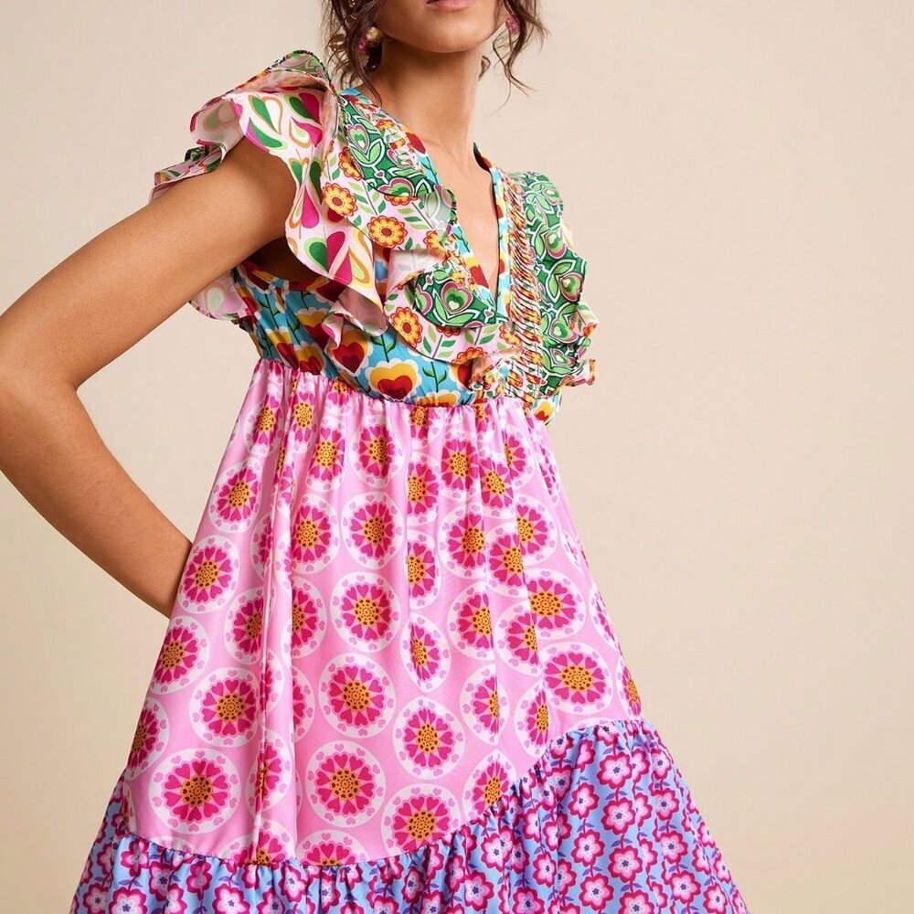 Multicolor Boho Women's Patchwork V-Neck Ruffle Waist A-Line Short Dress